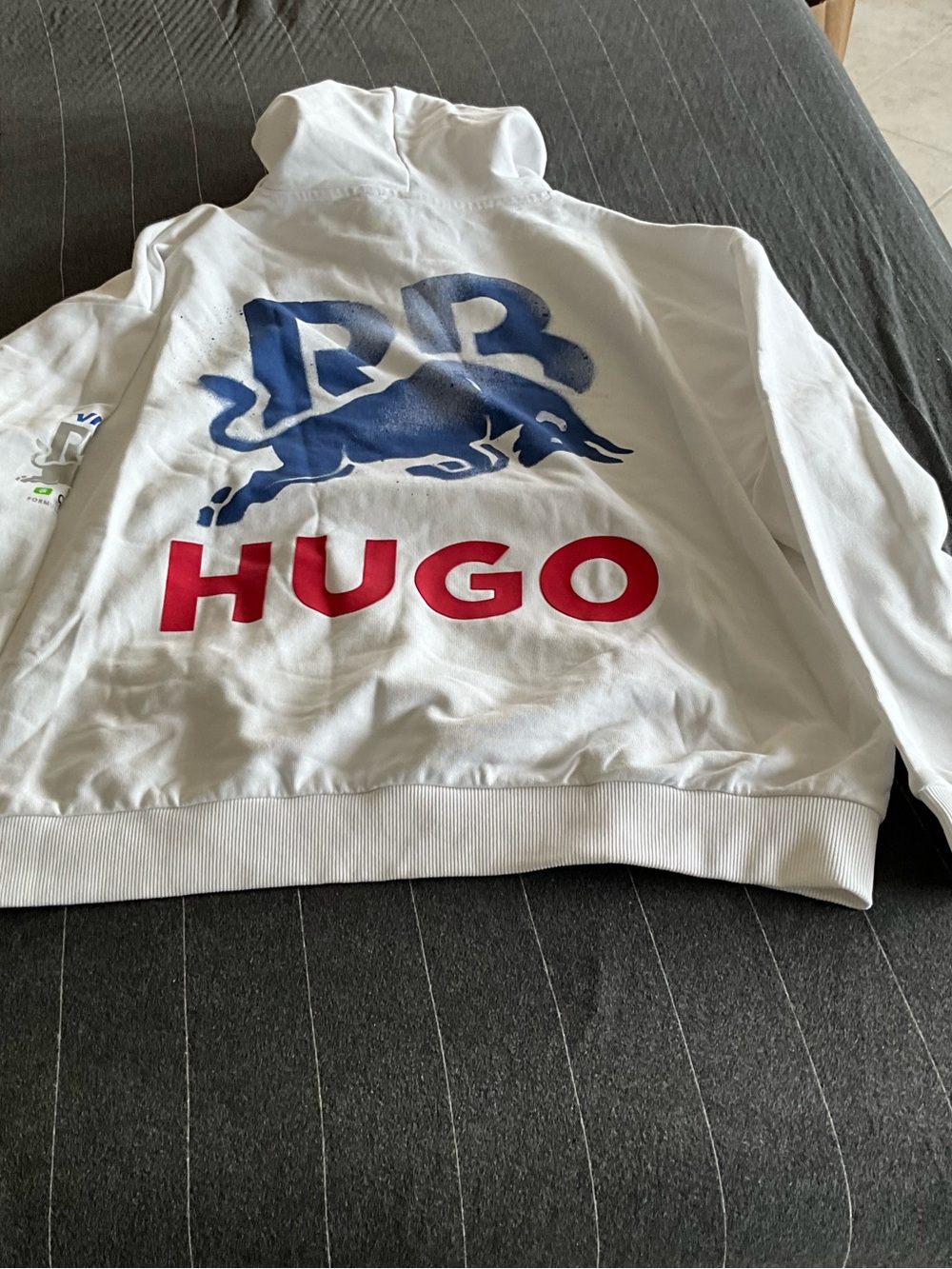 HUGO White Pullover with Blue Bull and Red Logo